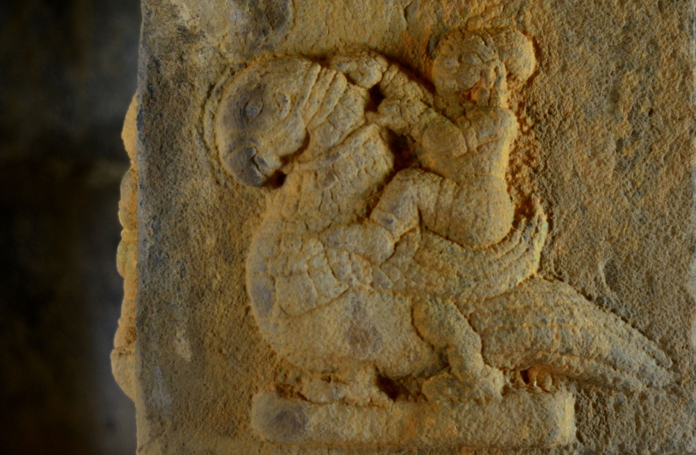 Sculpture from the Jain temple located at Puthangadi of a parrot rider, depicted on one of the pillars in the sanctum. Photo courtesy: Rajesh Karthy