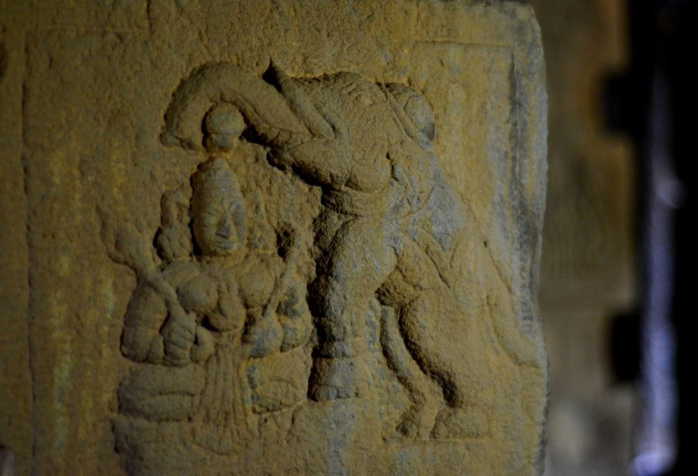 Sculpture from the Jain temple located at Puthangadi. This Gajalakshmi figure is carved on one of the pillars in the sanctum. The concept of Gajalakshmi is popular in Jainism, Buddhism and Hinduism, which indicates that some sort of adaptation of concepts or rituals took place over the course of time. Photo courtesy: Rajesh Karthy