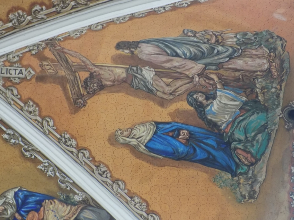 Fig. 1 St. Aloysius College Chapel in Mangalore, built in 1882 CE, has post-Renaissance murals. It is the largest repository of church murals in India and, hence, is often referred to as the ‘Sistine chapel of India’.  All these were executed in a short single span of two and half years by an Italian master painter-cum-Jesuit missionary, Br. Antonio Moscheni, and have been conserved fairly well. This image shows the frescoes he commissioned in the Holy Name Cathedral, Mumbai.