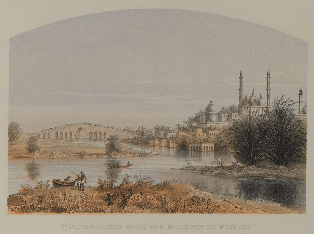 The Gomti River, looking towards the Stone Bridge. From drawings made on the spot by Lieut. Col. D. S. Dodgson, A.A.C. London: Day & Son, Gate  Street, Lincoln's Inns Fields. Picture Credits: British Library/Wikimedia Commons.