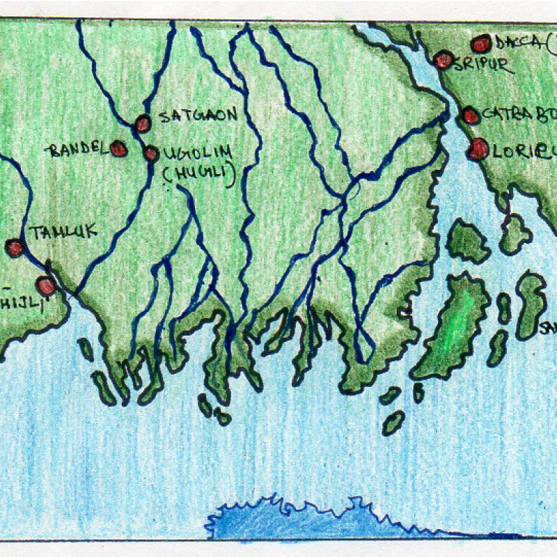 Hand-drawn map of Portuguese settlements on the Bengal delta (Courtesy: Deepashree Dutta)