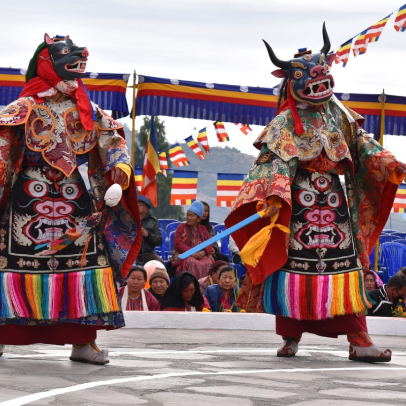 The phag dang lang cham is a popular mask dance performed during the Torgya festival. In this dance, two dancers, dressed as a phag and a lang (ox) perform a ritualistic dance following the phag cham. Phag dang lang cham performs more or less the same purpose as phag cham: the lang and the phag perform rhythmic movements to nuetralise the evil forces and sanctify the courtyard through symbolic means. (Courtesy: Manash Pratim Borah)